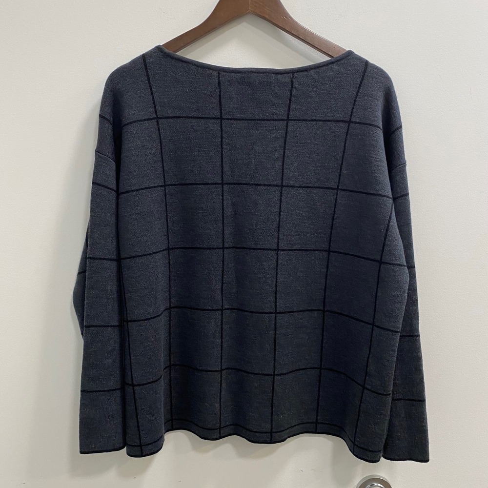 Eileen Fisher Sweater Womens M Grey Windowpane Merino Wool Boat Neck Knit Top - Picture 2 of 6